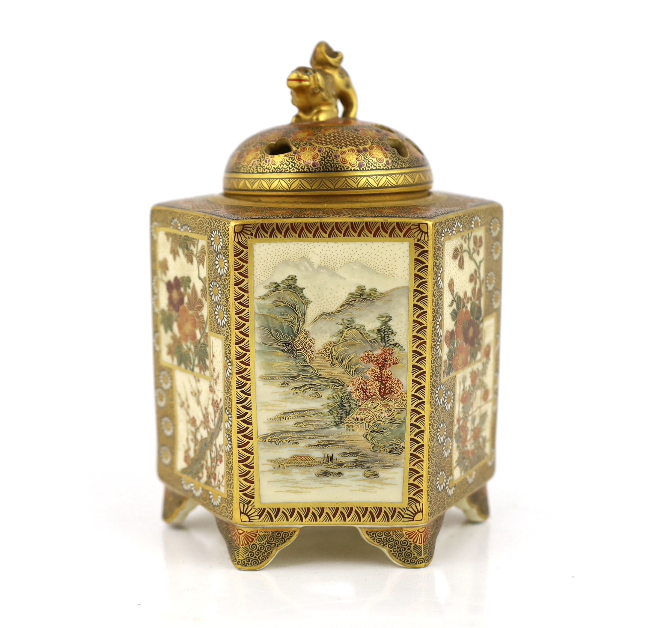 A Japanese Satsuma hexagonal koro and cover, by Kinkozan, Meiji period